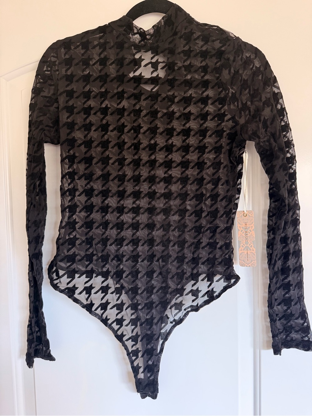 iris Black Sheer Houndstooth Long-Sleeve Bodysuit